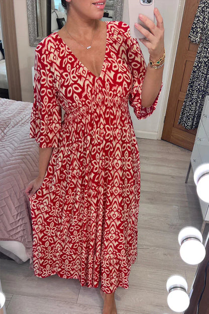 Bohemian Casual Print V-neck Long Dress