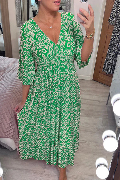 Bohemian Casual Print V-neck Long Dress