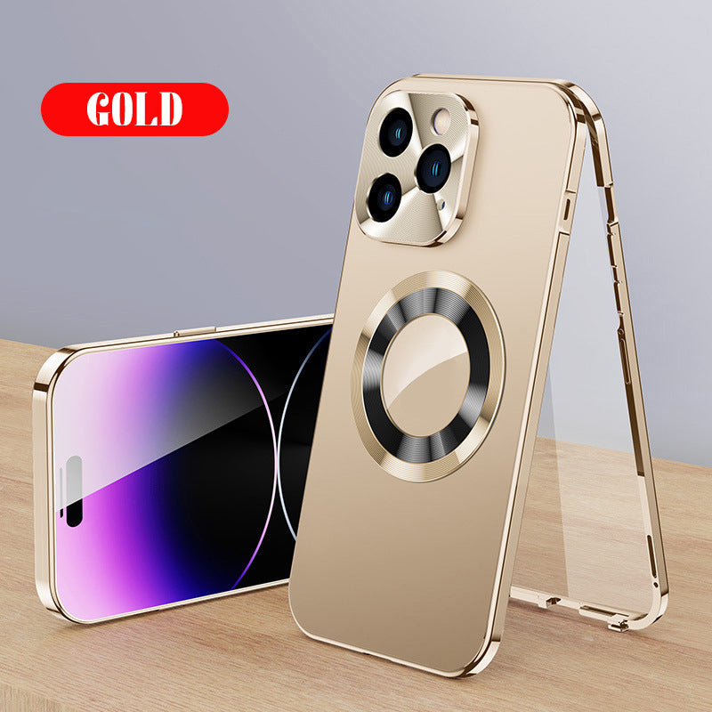 Double-sided magnetic phone case with electroplated glass