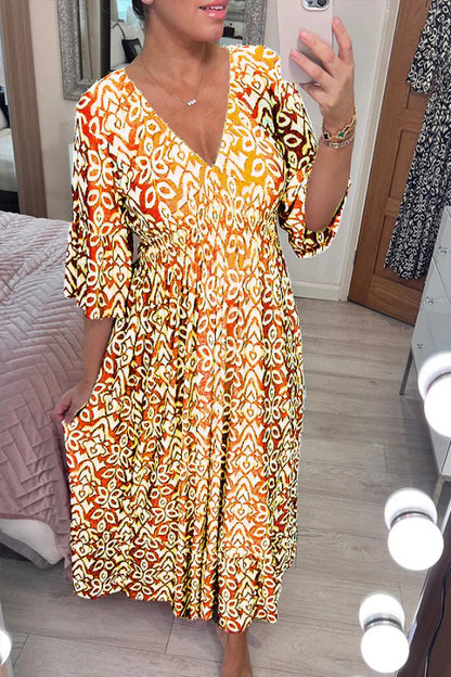 Bohemian Casual Print V-neck Long Dress