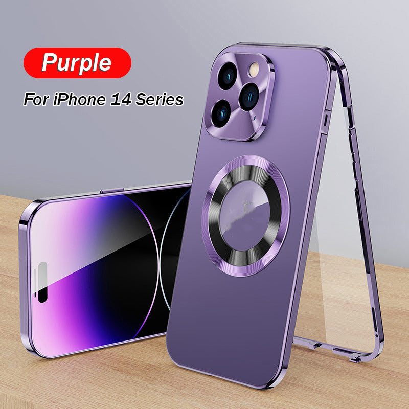 Double-sided magnetic phone case with electroplated glass